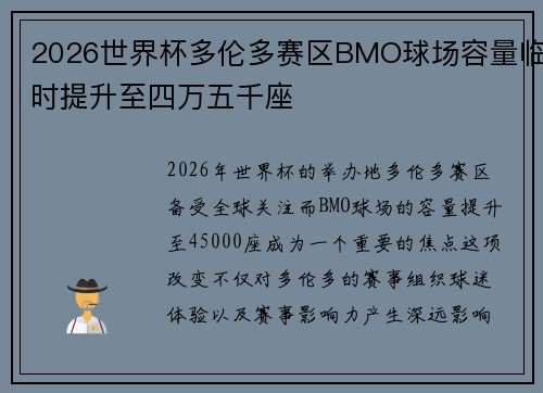 2026世界杯多伦多赛区BMO球场容量临时提升至四万五千座