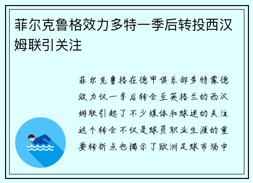 菲尔克鲁格效力多特一季后转投西汉姆联引关注